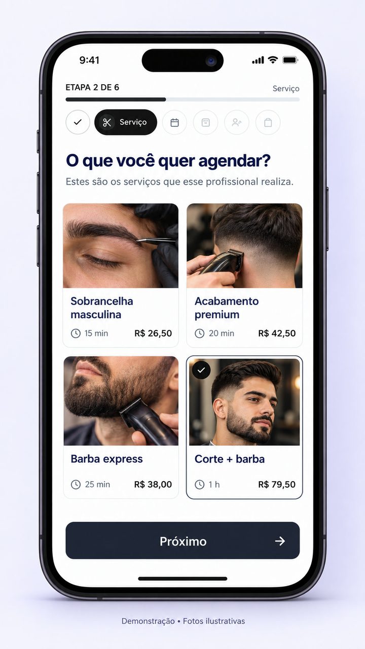 Celular com a escolha de serviços da Barbearia Dom Corte. Corte + barba está selecionado.