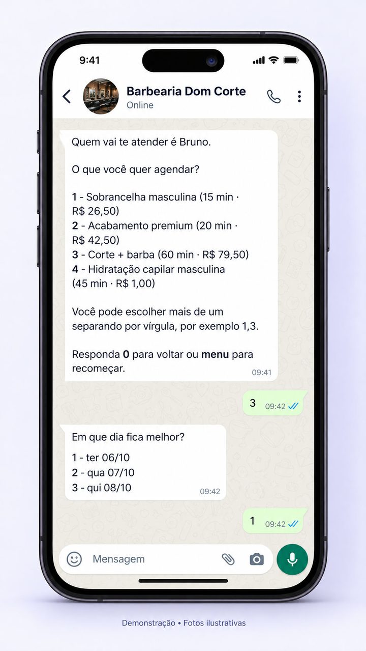 Conversa de demonstração no WhatsApp com o menu de serviços da Barbearia Dom Corte.